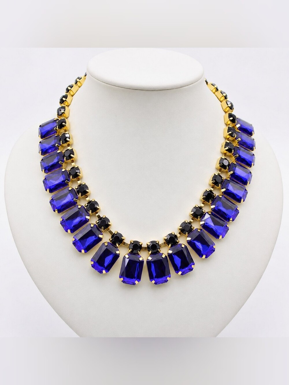 Blue Crystal Statement Necklace Gold Tone Black Rhinestone Bib Collar Jewelry